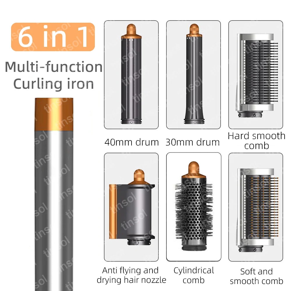 6-in-1 high-speed ionic hair dryer set with gold and grey curling attachments, styling nozzles, and smoothing combs.