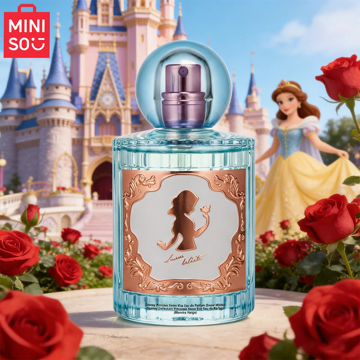 MINISO x Disney Snow White EDP: Luxury floral women's perfume in a blue round glass bottle with rose gold detailing.