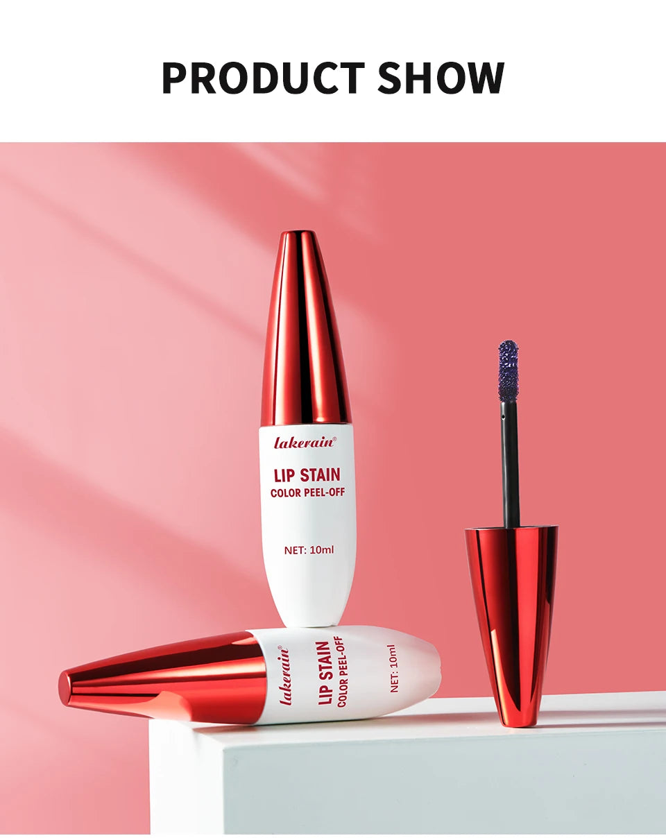 Lakerain waterproof peel-off lip stain with applicator in white and red metallic packaging on pink background.