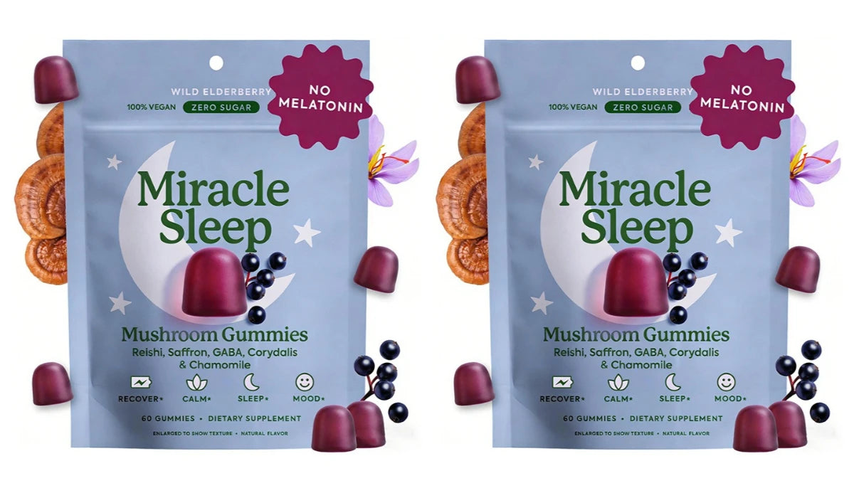 Melatonin-Free Mushroom Sleep Gummies with Reishi, GABA, Saffron & Chamomile, Wild Elderberry, Calm Night Support, 60 Count