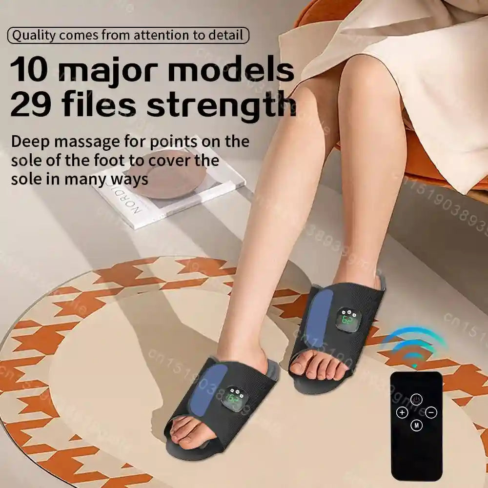 Black EMS electric foot massager slippers with remote control for muscle stimulation and circulation relief.