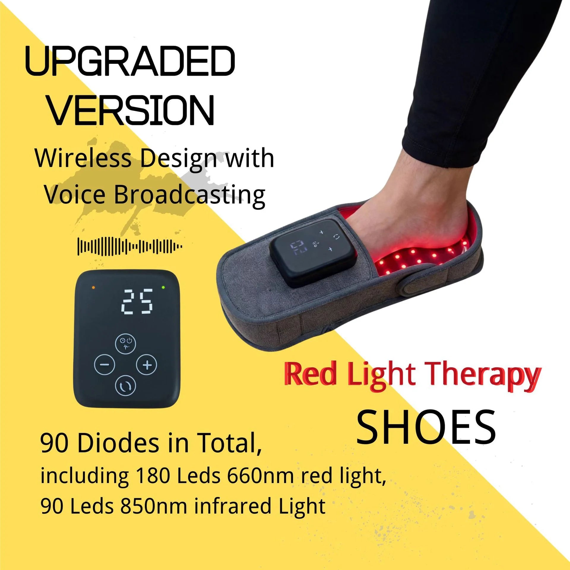 Wireless red light therapy slippers with control unit for foot pain relief and infrared joint arthritis treatment.