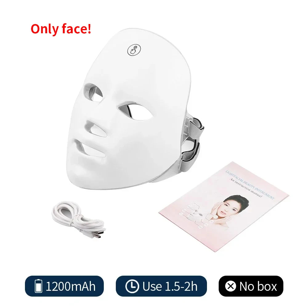 White wireless LED facial mask with adjustable straps, a charging cable, and an instruction manual.