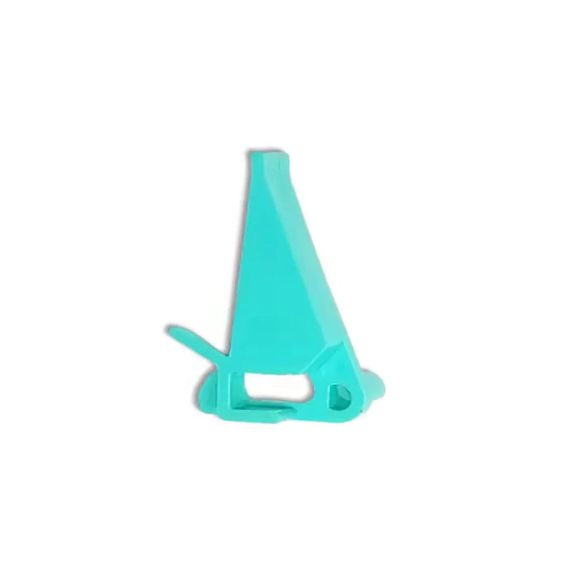 Turquoise plastic barcode printer buckle base with vertical post and circular hole