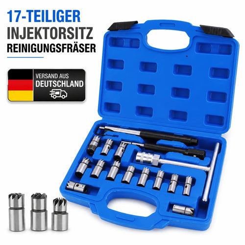 Blue diesel injector seat cutter tool set in plastic case with steel reamers and bits