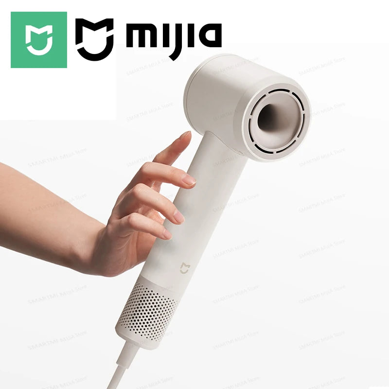 White MIJIA high-speed hair dryer, 110,000rpm motor, ergonomic lightweight design with nozzle, fast drying hair tool.