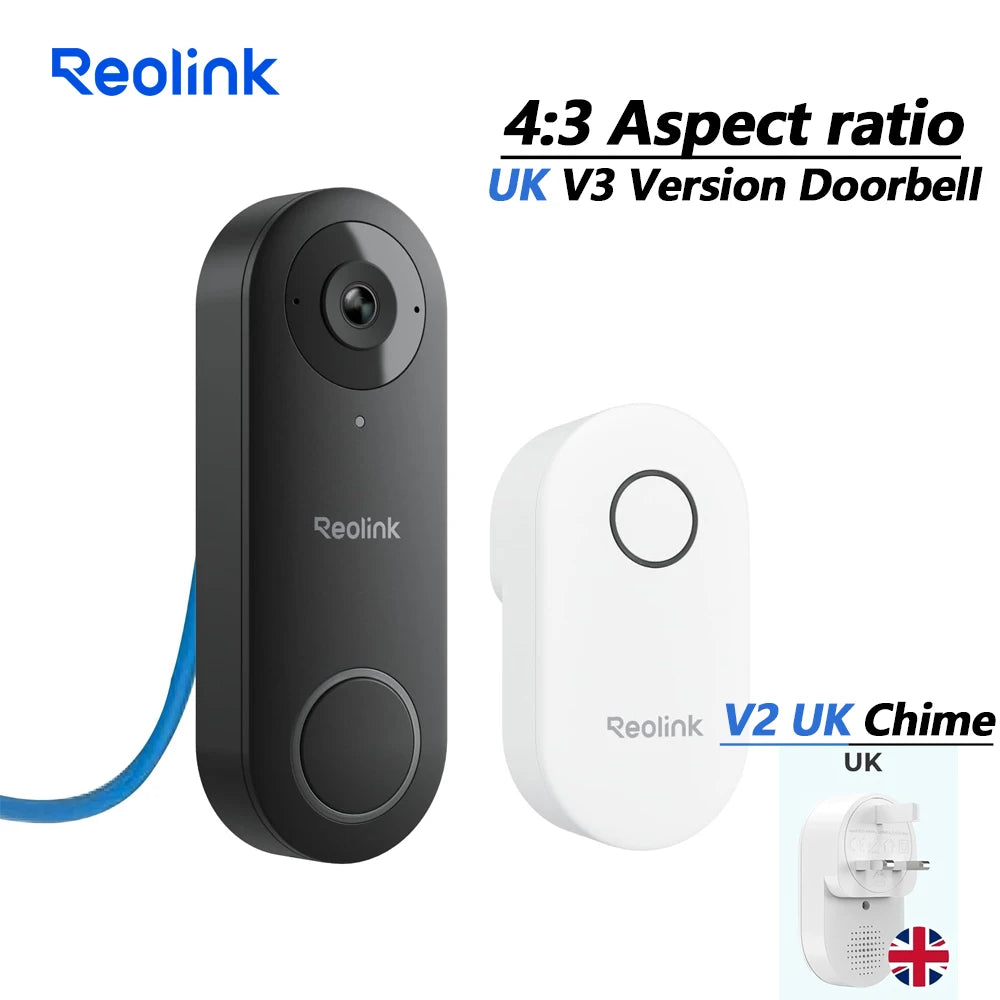Black PoE video doorbell with UK V3 version and white V2 UK chime unit