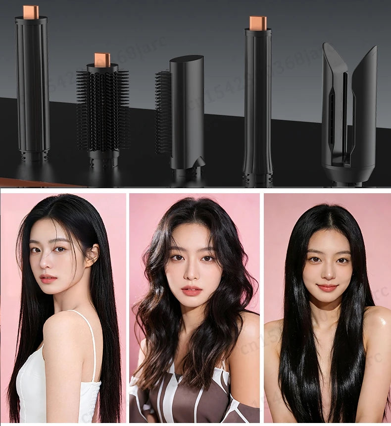 SenCiciMen 5-in-1 black hot air brush and professional hair styling tool set with interchangeable curling attachments.