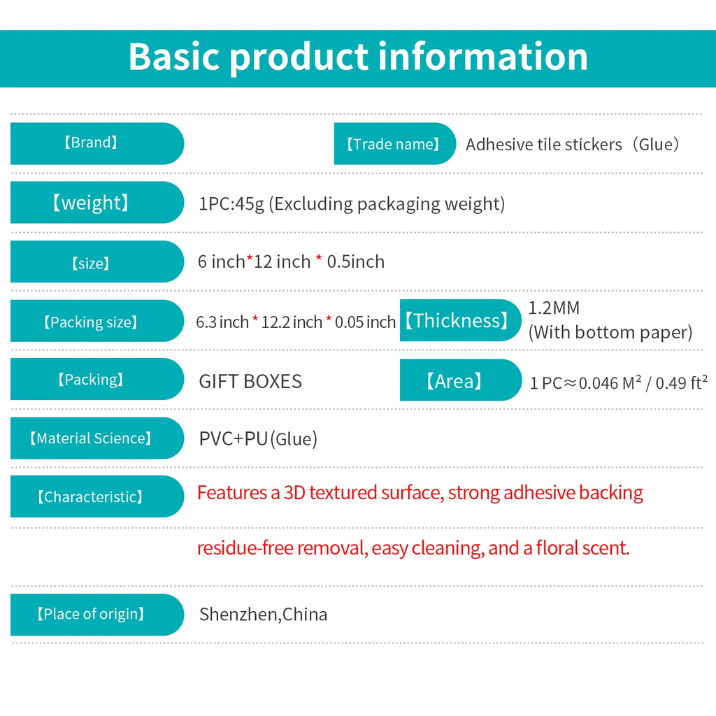 Adhesive tile sticker basic information infographic with size and material fields