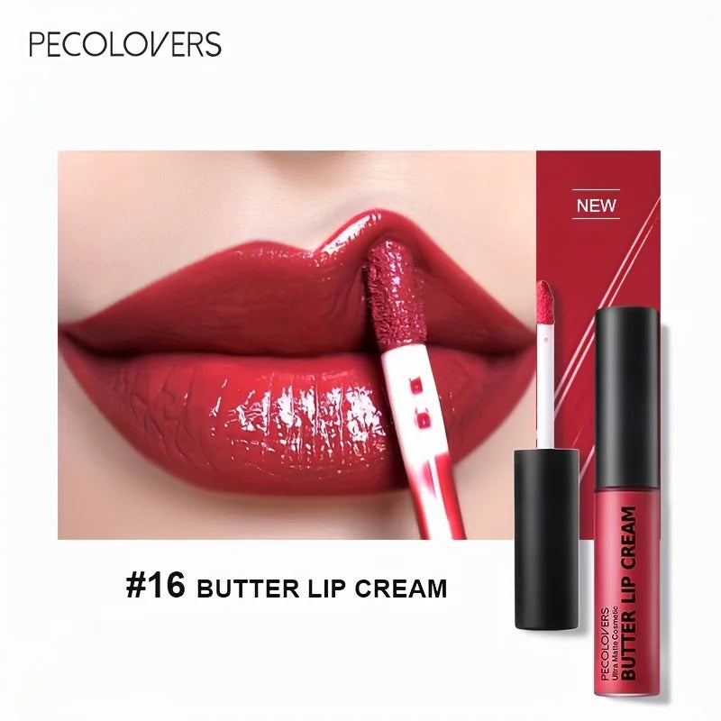 High-pigment red butter lip cream liquid lipstick with a glossy, moisturizing texture being applied to lips.