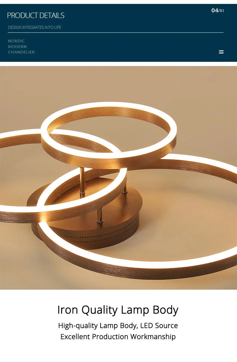 Nordic Creative Led Circle Chandeliers Bedroom Living Dining Room Lighting Chandelier Golden Brown Glossy Lamp Home Indoor Lamps