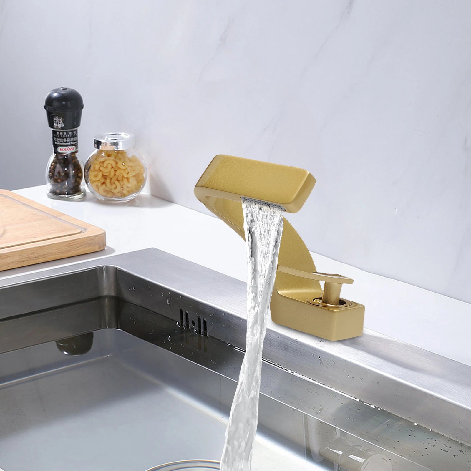 Gold Bathroom Waterfall Mixer Tap Modern Washbasin Faucet Copper Basin Tap Elegant Lift Off Type