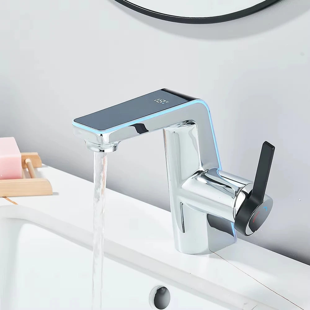 Digital Display Screen Bathroom Basin Sink Faucet 2-ways Spout LED Washbasin Taps Hot Cold Water Deck Mounted Mixers