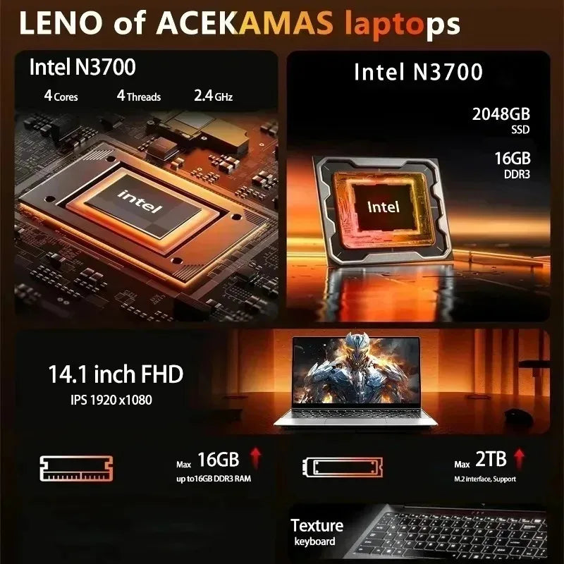 New Laptop Ultra Thin 14.1 Inch New Intel N3700 Win11 DDR4 2TB SSD 16GB/32GB RAM FHD Portable Business Office Notebook PC