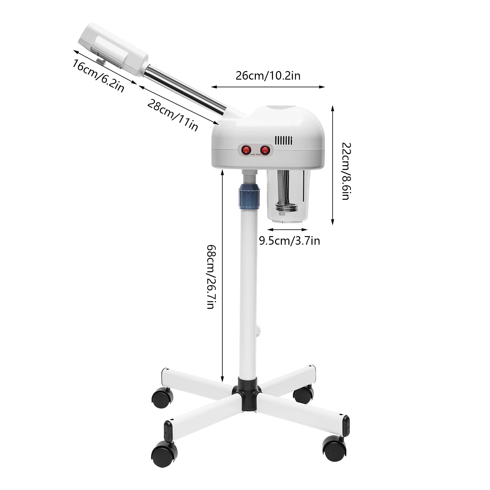 Professional 750ml white facial steamer with adjustable stand, rolling wheels, and ozone sprayer for spa skin care.