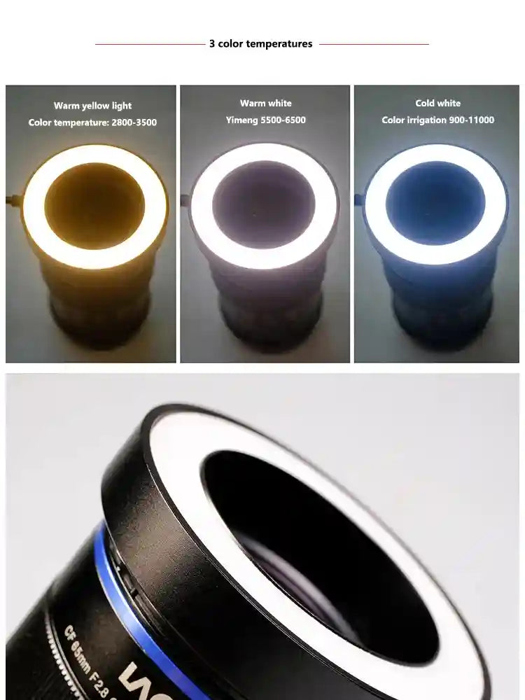 Black circular macro ring light for camera lenses, featuring adjustable yellow, warm white, and cold white lighting.