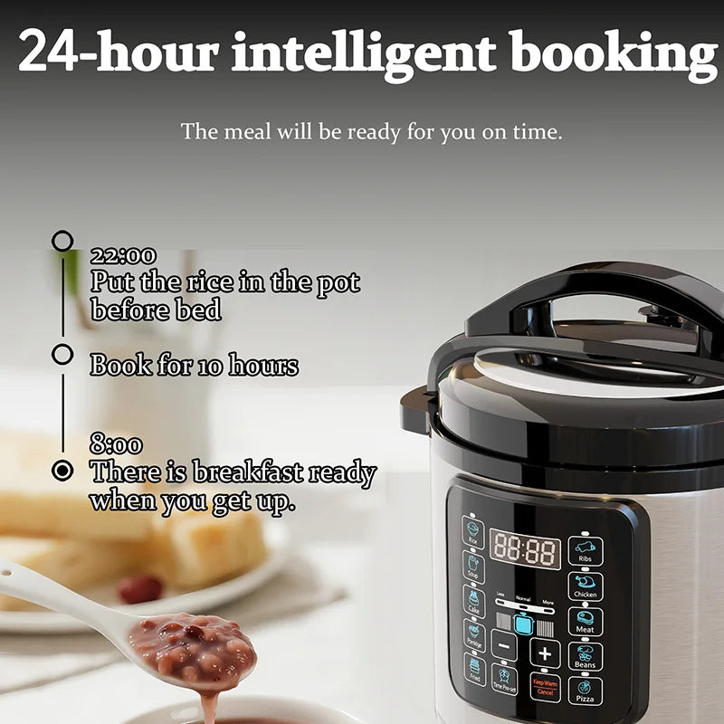 Electric pressure cooker with digital timer display and top handle, on kitchen counter