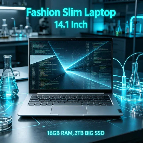 Silver 14.1-inch slim laptop with a black keyboard, large trackpad, and thin-bezel screen displaying code graphics.