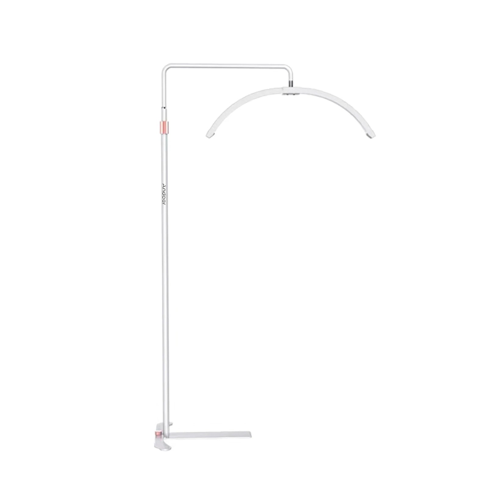 White half-moon LED beauty floor lamp with adjustable stand for professional salon lighting.