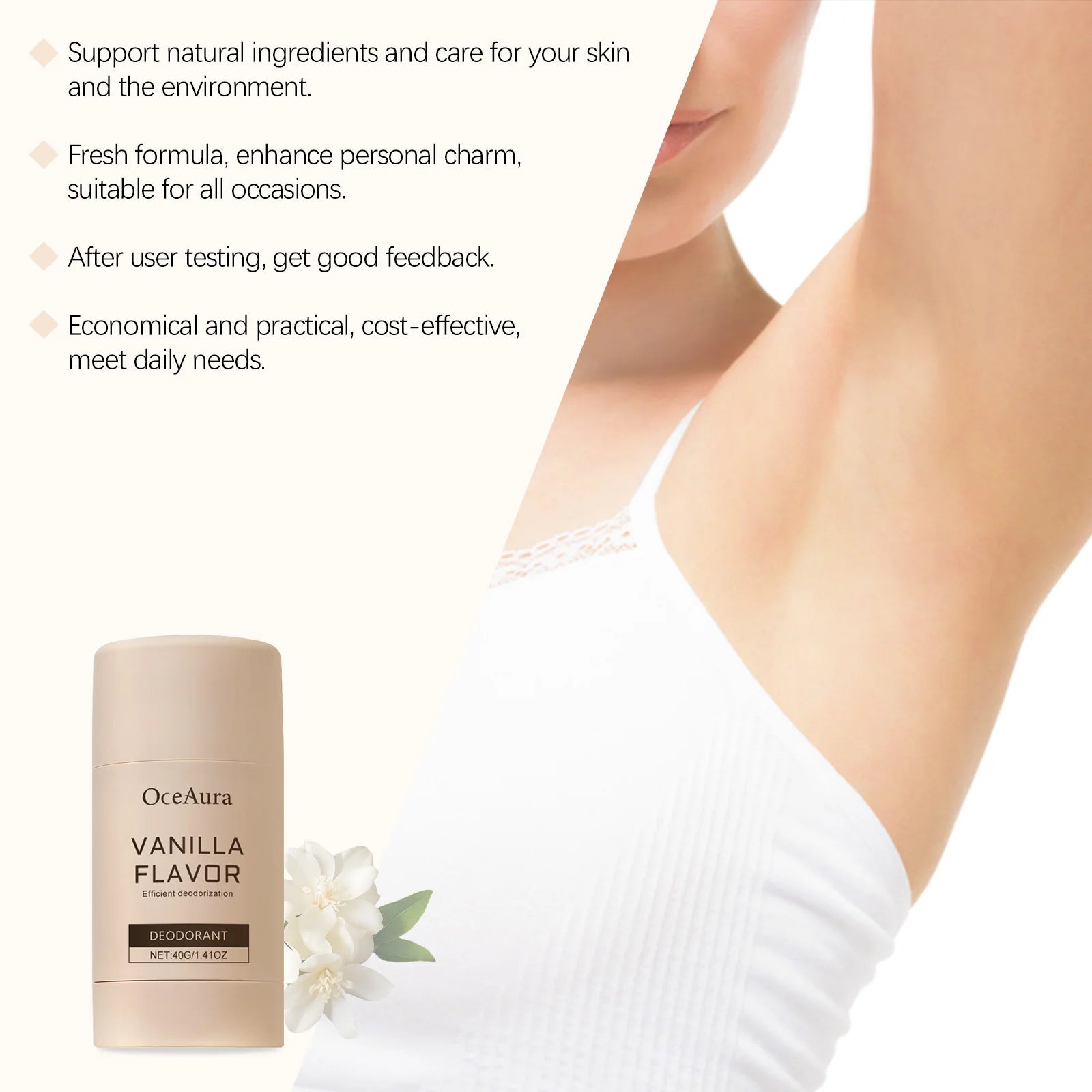 Tidesmit OceAura Vanilla moisturizing antiperspirant deodorant for women with Vitamin E for fresh, odor-free pits.