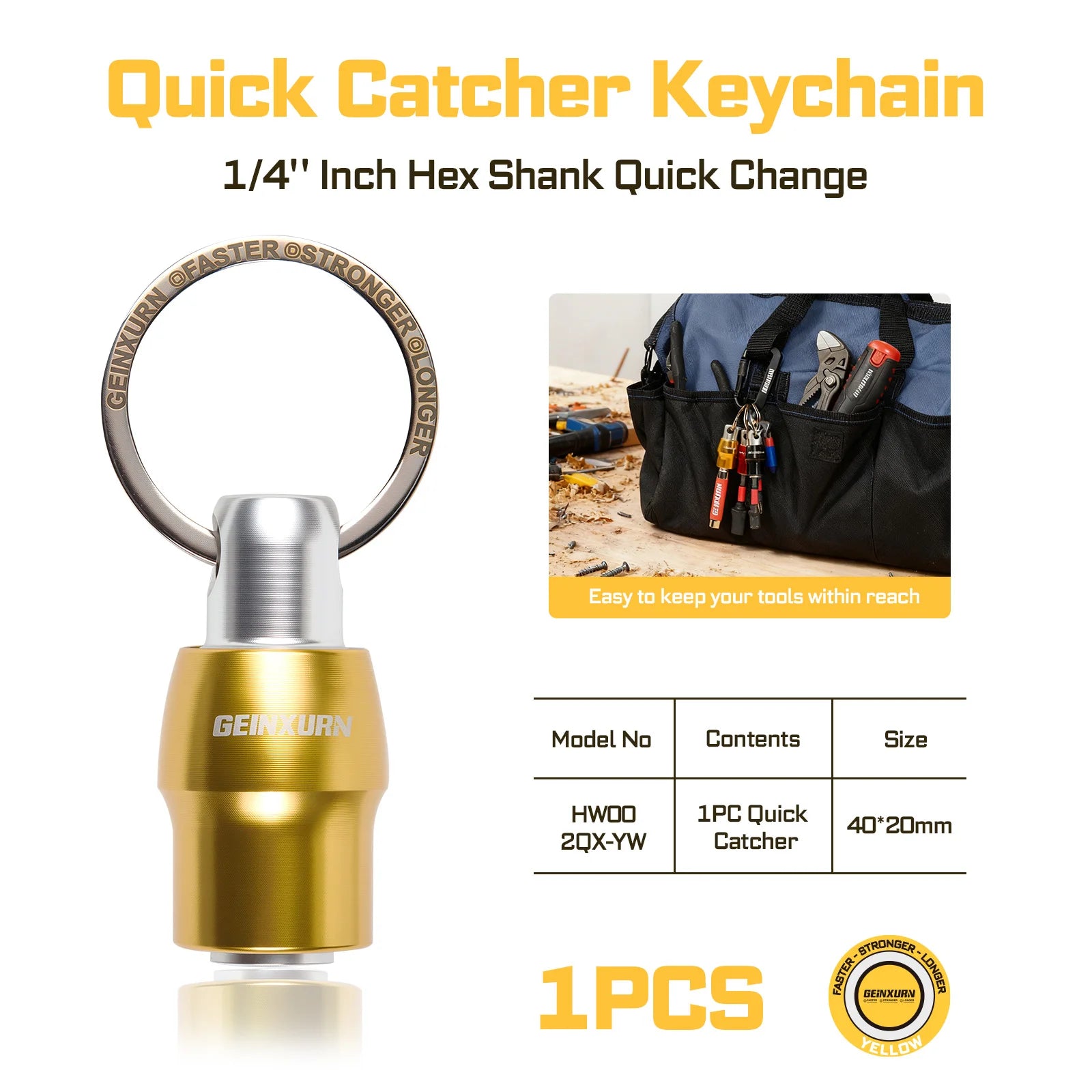 Gold aluminum 1/4 in hex shank keychain bit holder, quick-catcher with key ring