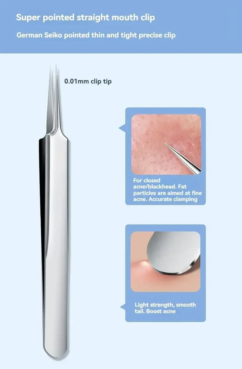A silver stainless steel straight-tip acne extraction tweezer with detailed insets showing its use on skin.