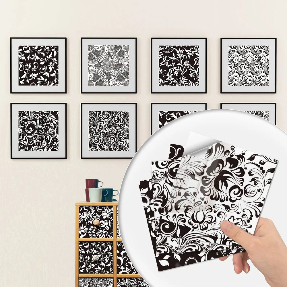 10 pcs/pack, Black and White Floral hard PVC Self-Adhesive Tile Stickers - Waterproof, Oil-Proof, Easy to Clean for Home Decor
