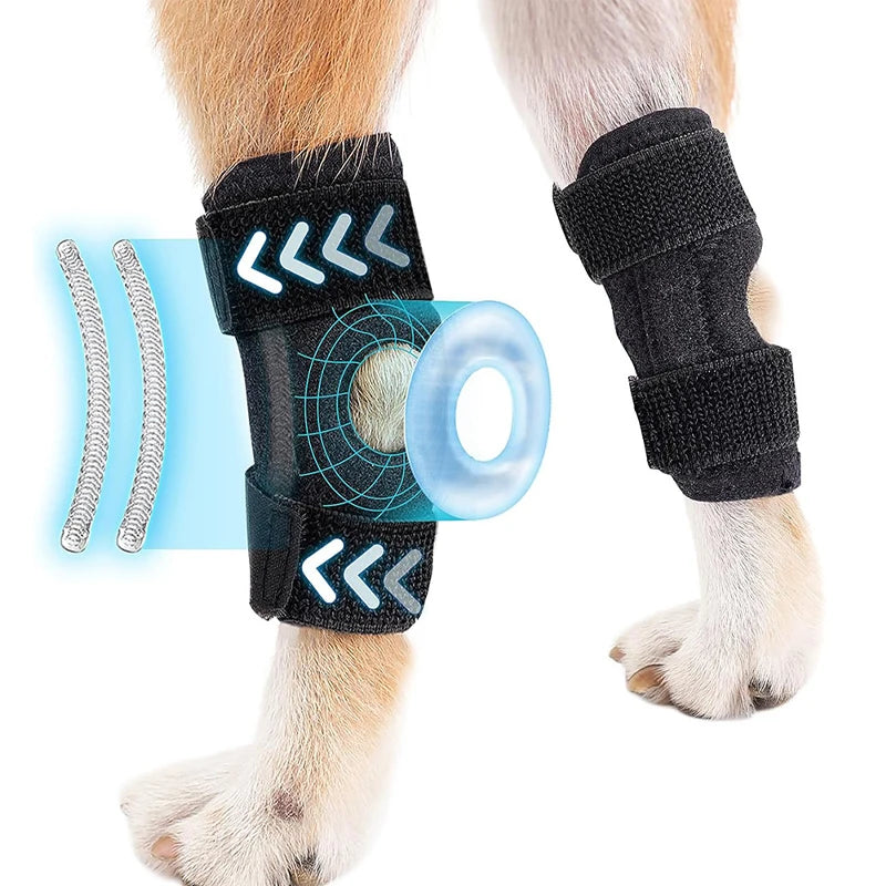 Breathable black dog hock joint brace for injury recovery, leg support, and pain relief with adjustable straps.
