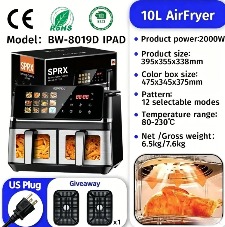 10L air fryer retail box showing US plug, model details, and front product photo