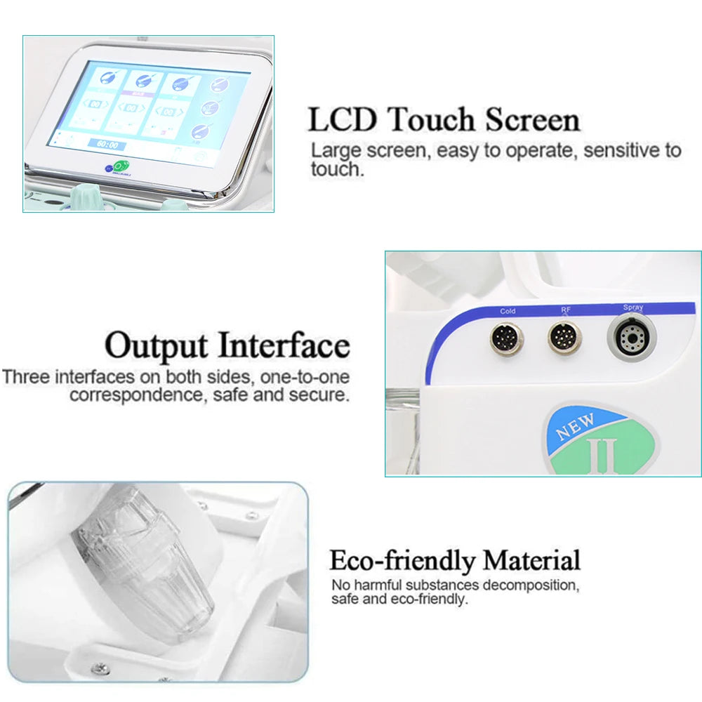 AOKO 7-in-1 hydro dermabrasion facial machine with LCD touchscreen, output ports, and eco-friendly skin care equipment.