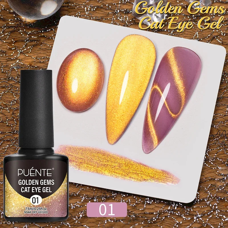 7.5ml Golden Gems cat eye soak-off gel polish bottle next to swatches showing gold and mauve magnetic effects.