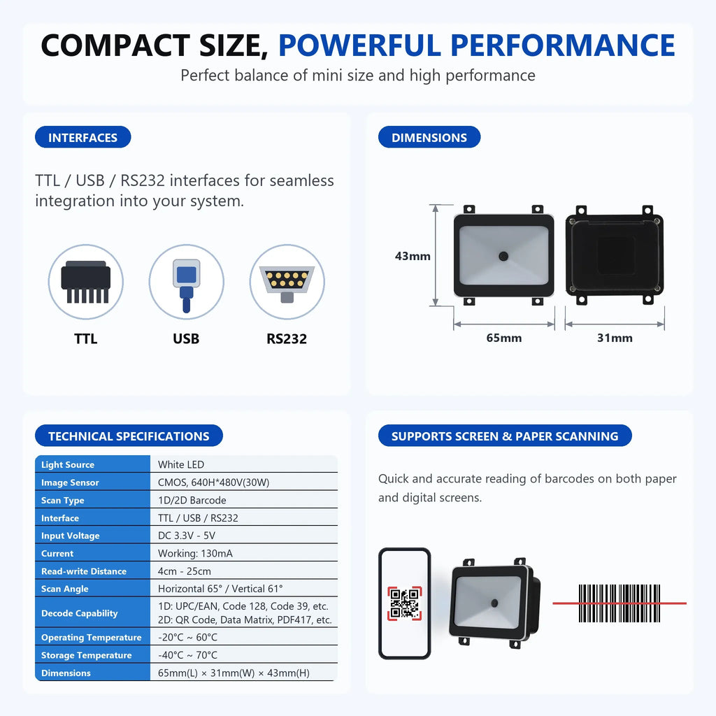 Small Bar Code Scanner USB TTL RS232 Embedded 1D 2D Barcode Reader QR Code Scanner Module Apply for Vending Machine
