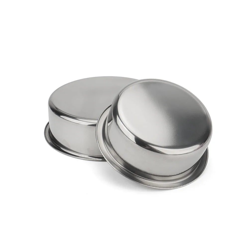 Two round stainless steel pet bowls for food or water, durable design for small to medium dogs and cats.