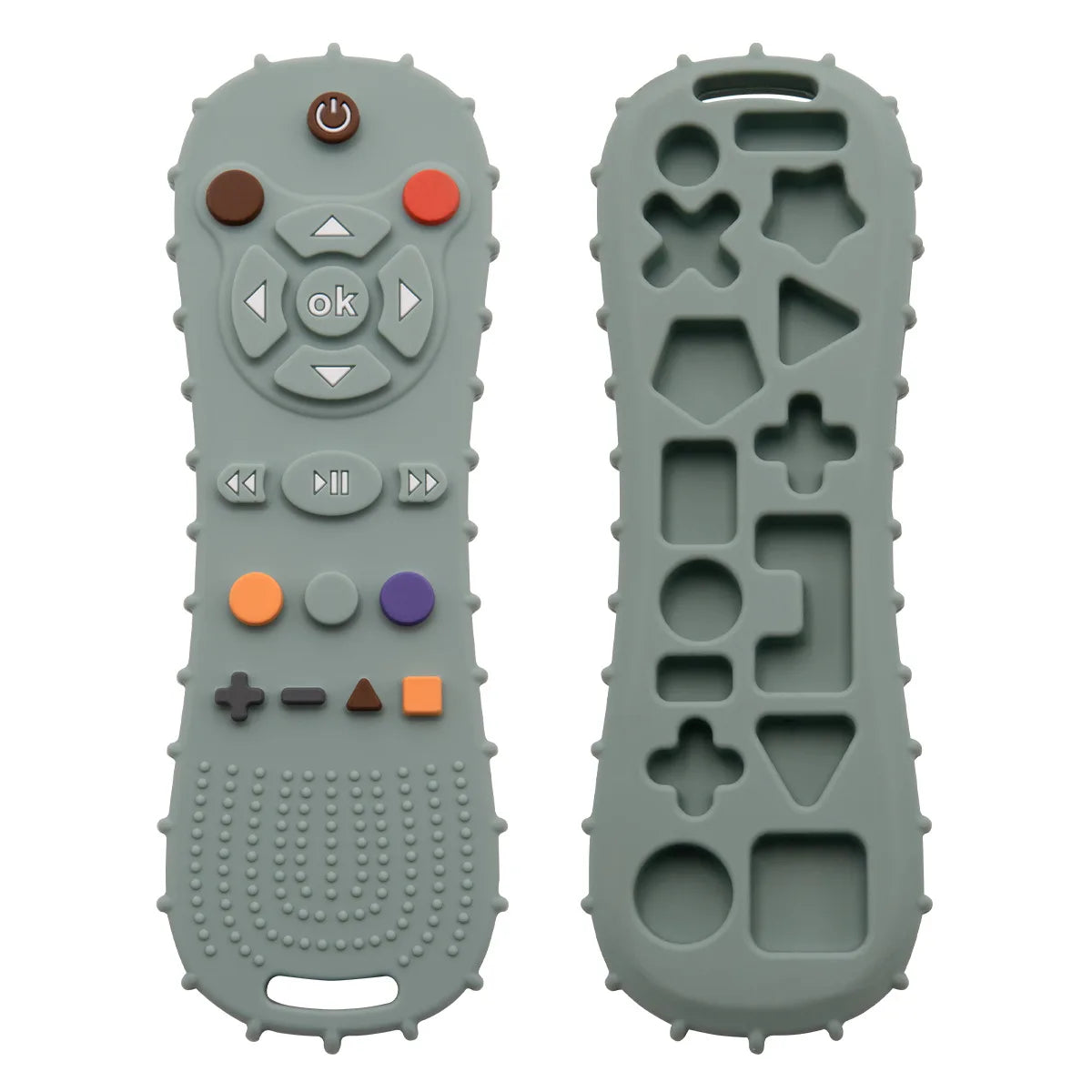 Sage green silicone baby teething toy shaped like a remote control for soothing infant sore gums.