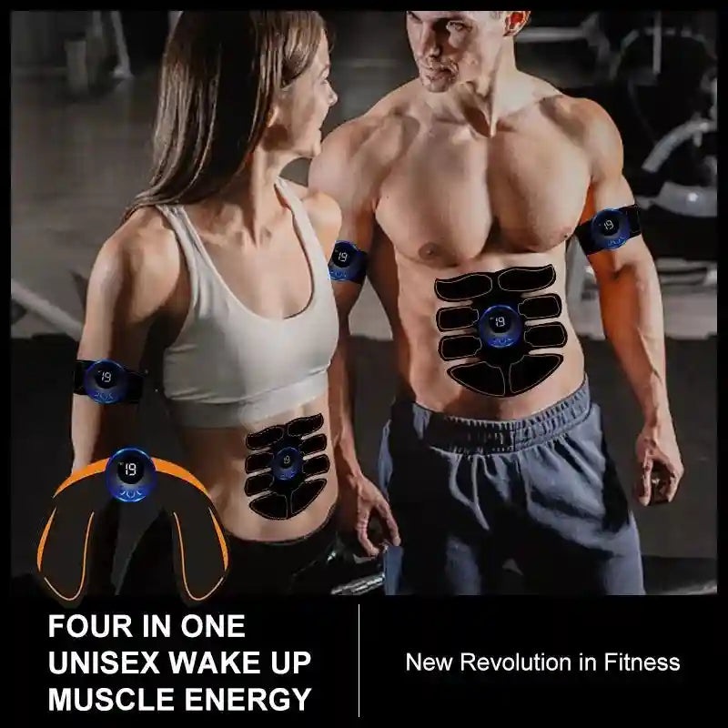 Unisex EMS muscle stimulators with black adhesive pads and blue digital displays worn on arms and abs in a gym.
