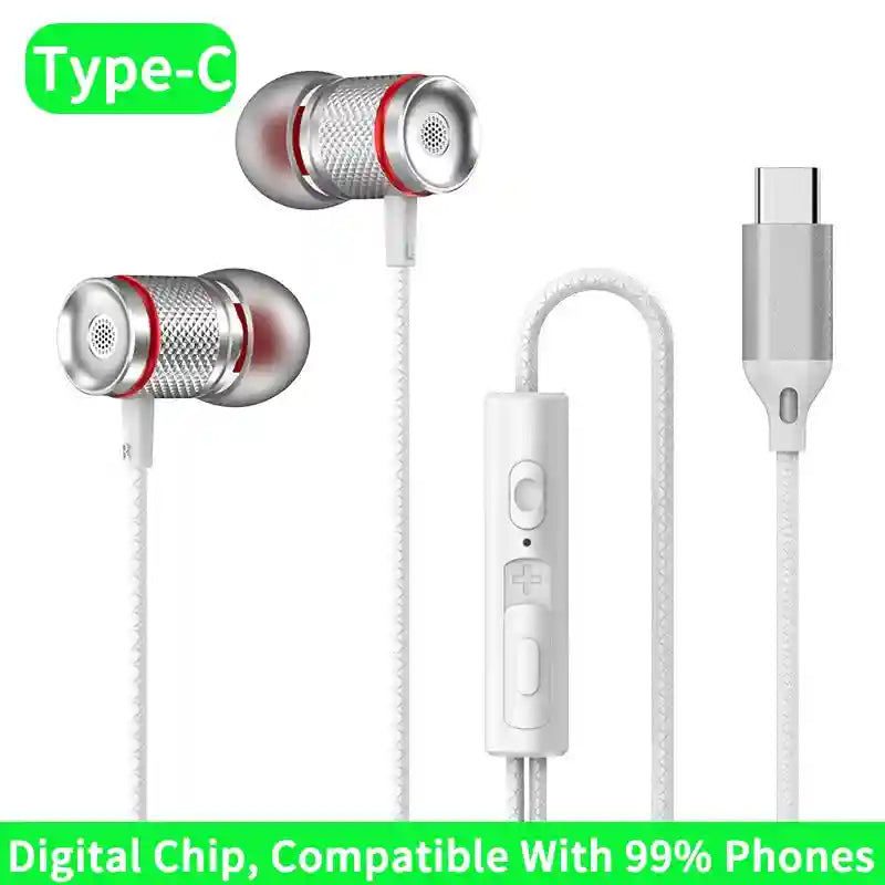 Wired Earbuds with Mic: 7.1 Surround Sound Type-C & 3.5mm AUX Type-C White Tidesmit