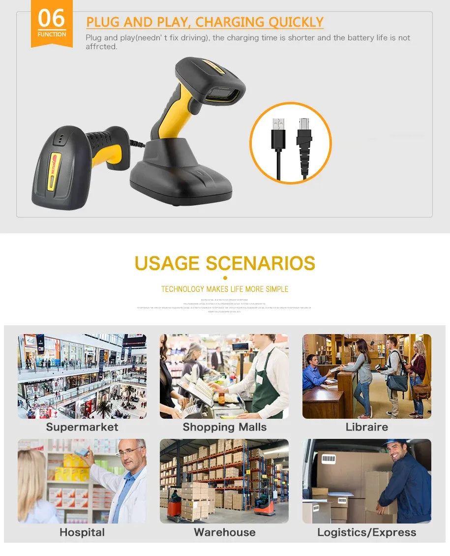Handheld barcode scanner with yellow-and-black body beside charging cable icon