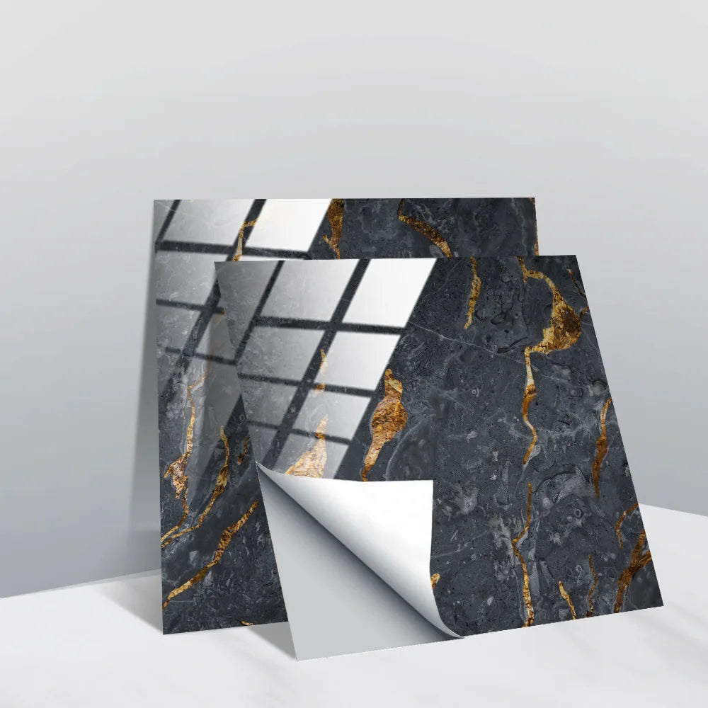 Self-adhesive faux stone tile wall stickers, dark stone look with gold veining