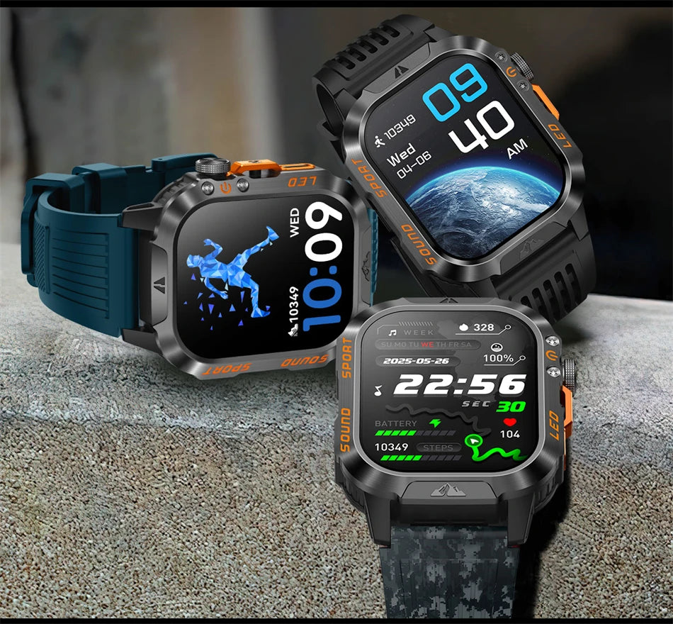 New 1200 mAh Battery Rugged Military Smartwatch Men 5ATM Waterproof Fitness Tracker Health Monitor 100+Sports Call Smart Watches