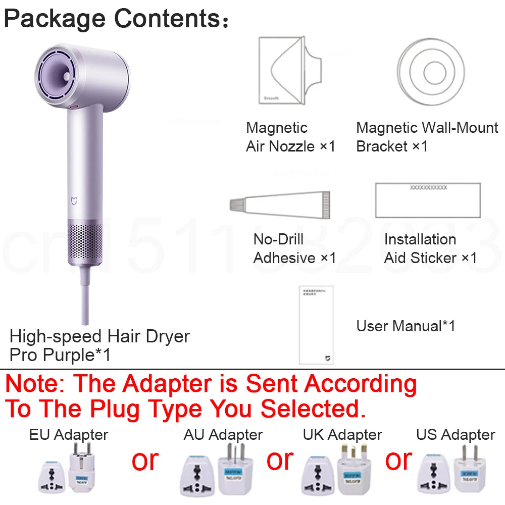 MIJIA High-Speed Hair Dryer Pro in purple with magnetic nozzle, wall mount, and universal plug adapter set.