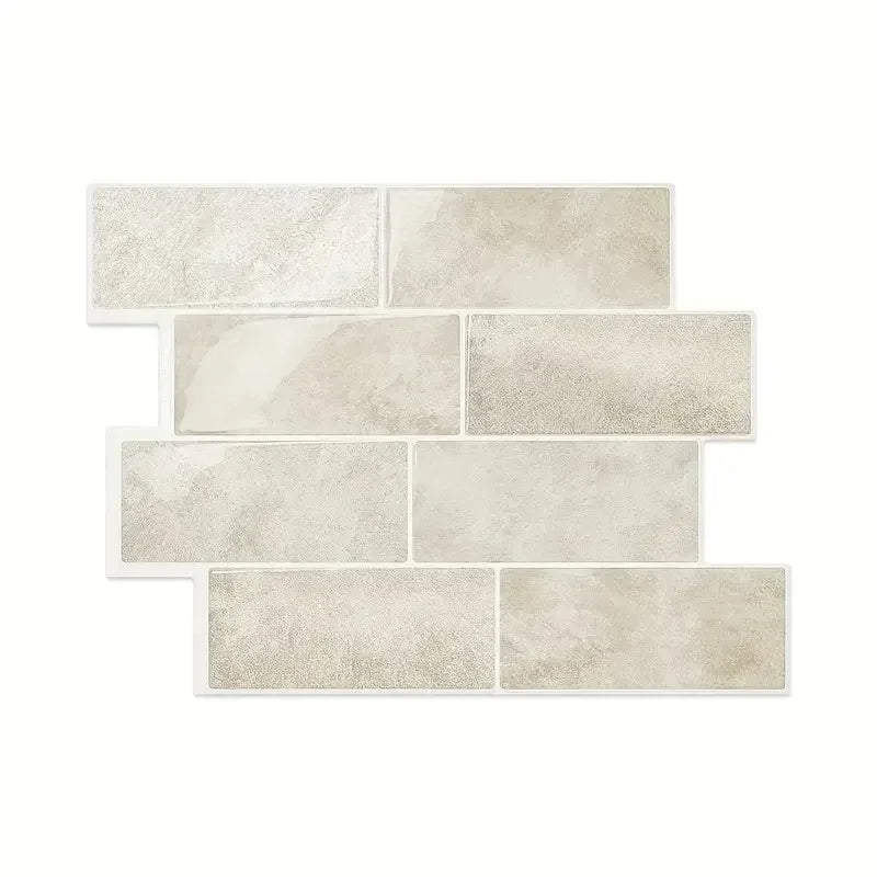 Peel-and-stick backsplash tile set, beige stone-textured rectangular tiles