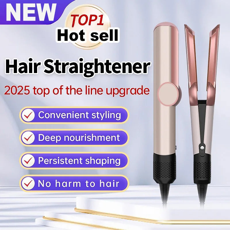 Rose gold professional negative ion hair straightener and dryer tool for sleek, healthy styling at home.