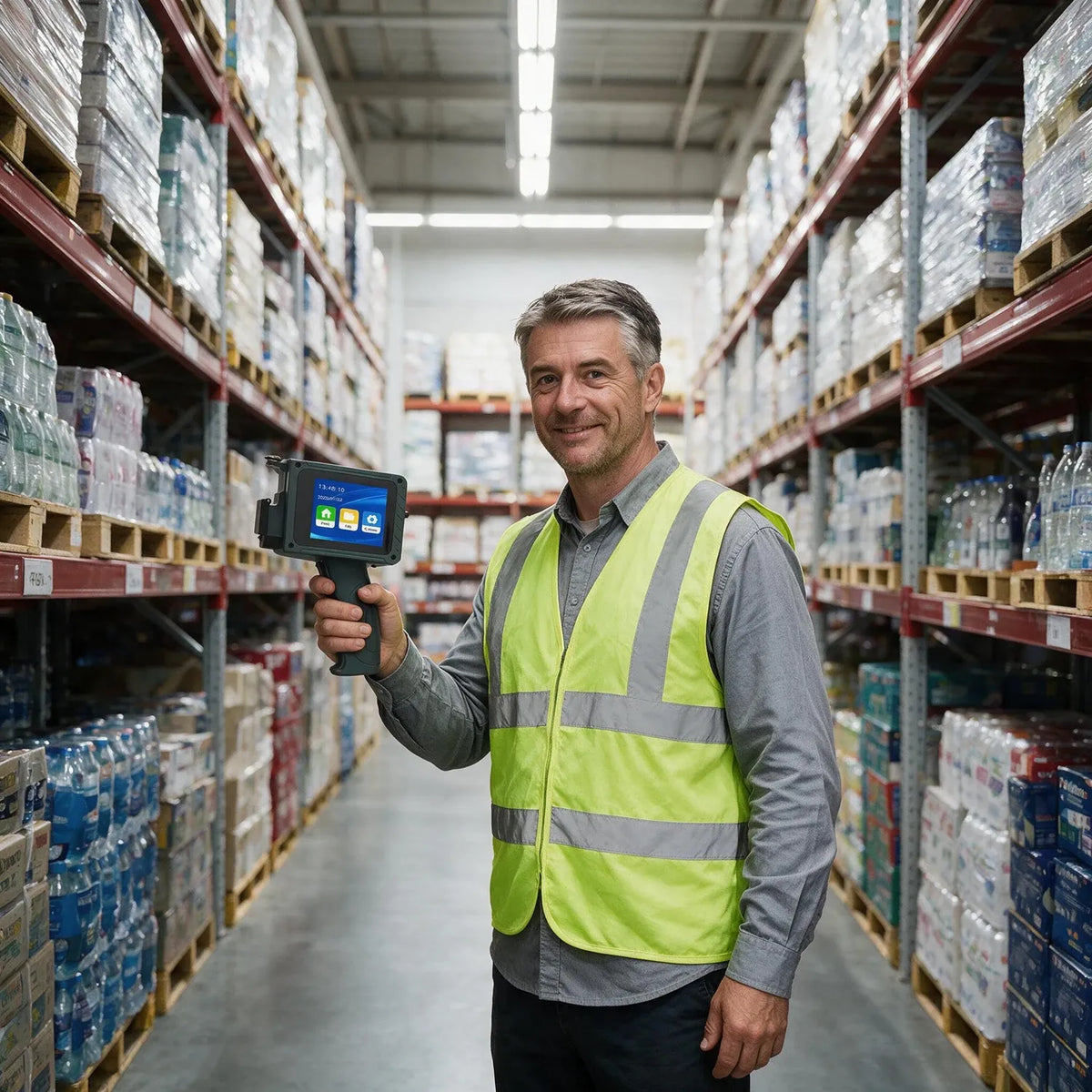 Worker holding a handheld inkjet printer in a warehouse aisle with stored goods