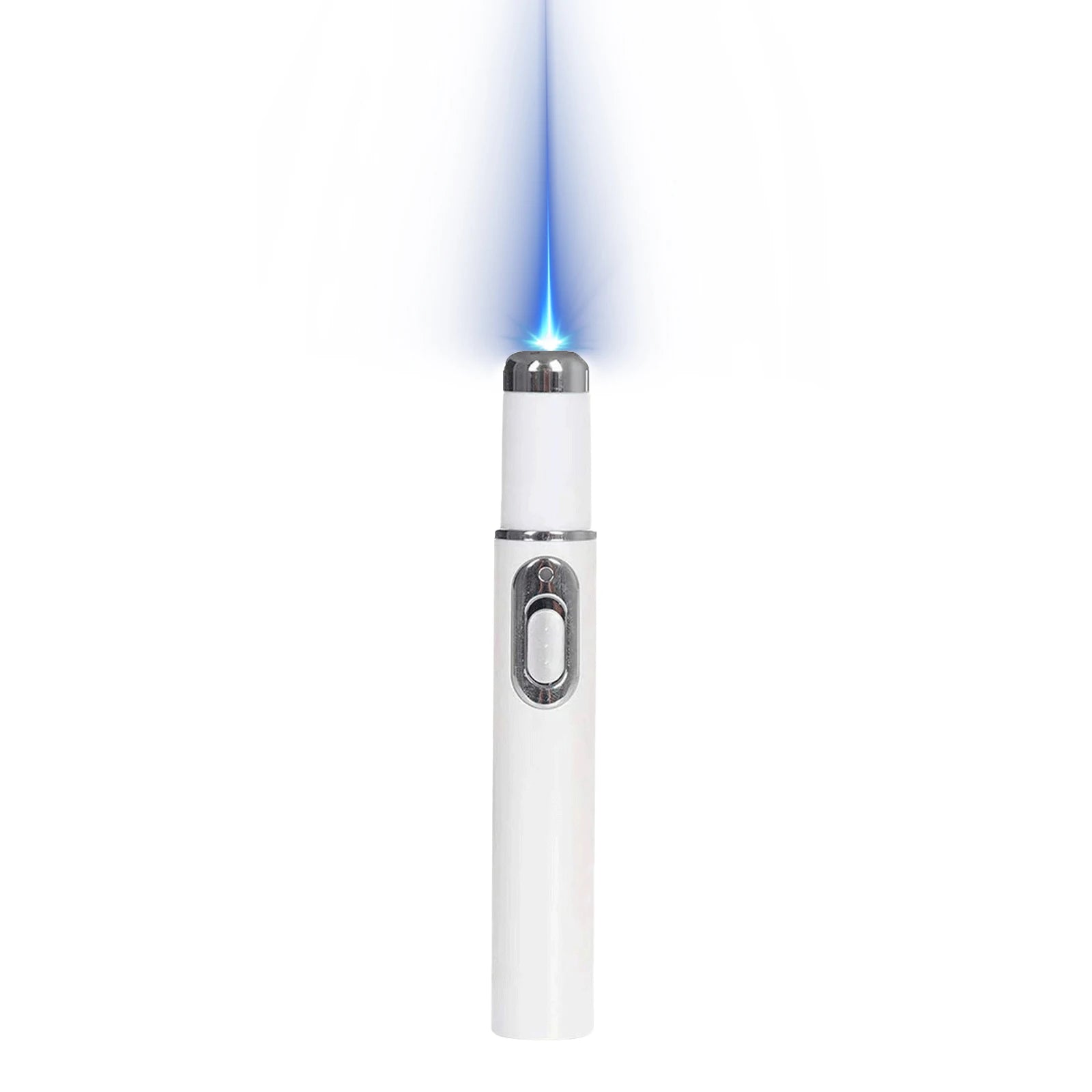 White, cylindrical blue light therapy pen with a silver button, emitting a vertical beam of blue light.