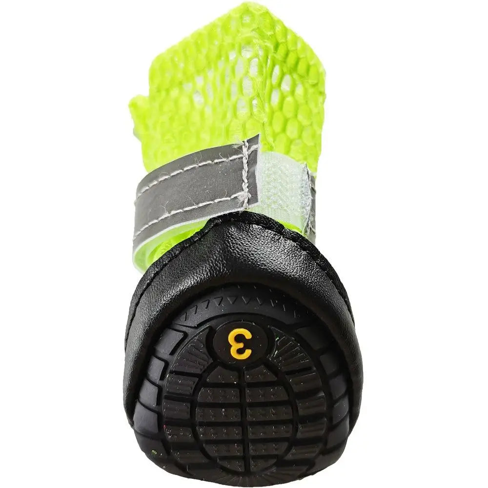 Neon green breathable dog shoes with anti-slip soles and reflective straps for safe, durable outdoor paw protection.