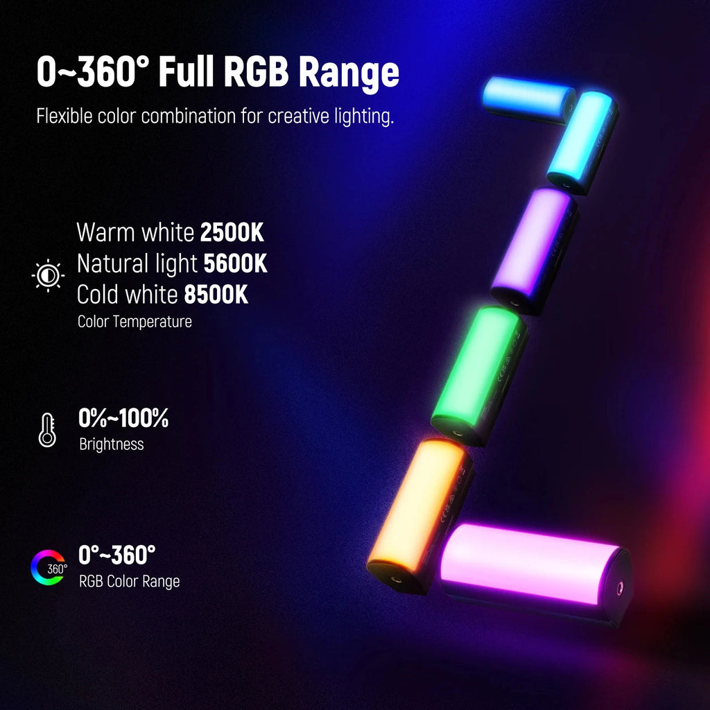 Portable RGB LED light bar with adjustable brightness and color temperature for creative photography and video lighting.