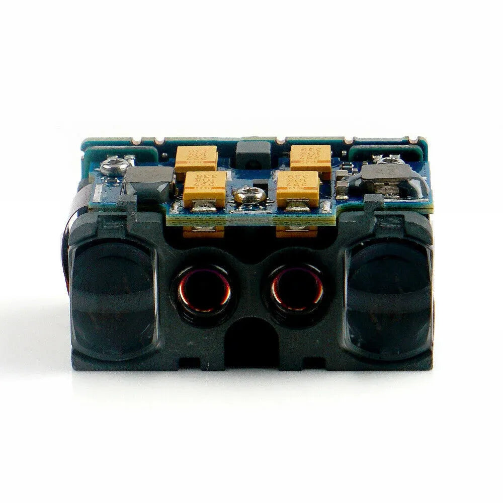 2D barcode scanner engine module top view with two lens openings and circuit board