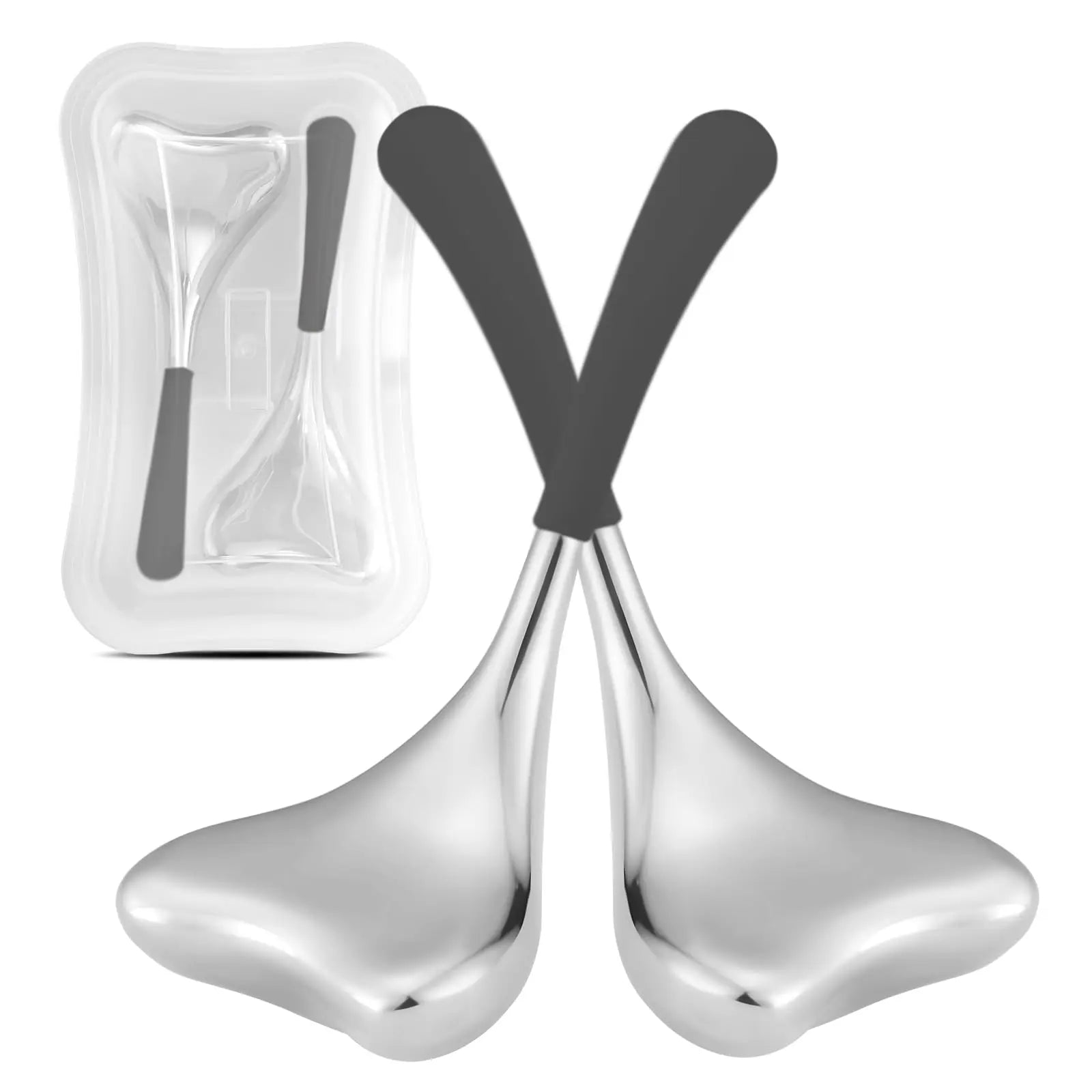 Two stainless steel gua sha cryo sticks with dark gray handles in a white plastic storage tray.