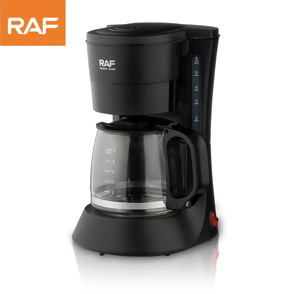 RAF black 6-cup drip coffee maker with glass carafe and plastic housing.