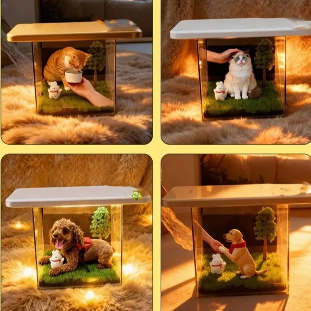 Acrylic holographic pet projection house for cats and dogs—a unique 3D light-up souvenir box for cherished pet memories.